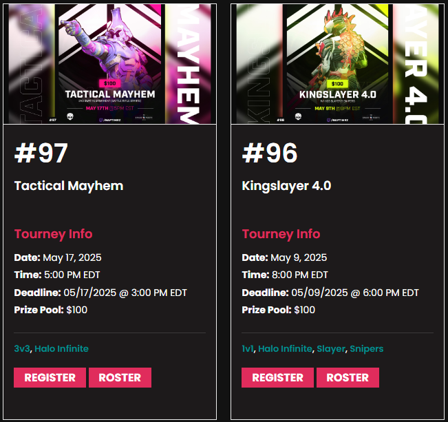 Two new May tourneys now open for registration!

Next Friday: Kingslayer! ⚔️

May 17th: Tactical Mayhem!

swatnation.net/main-event/