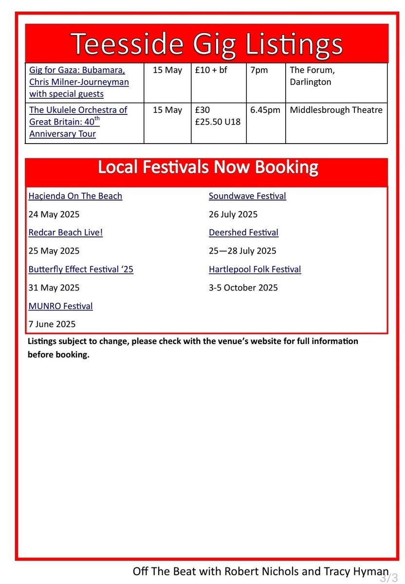 Off The Beat is out tomorrow,  but check out this weekend's gigs here.  Lots to choose from 🎶