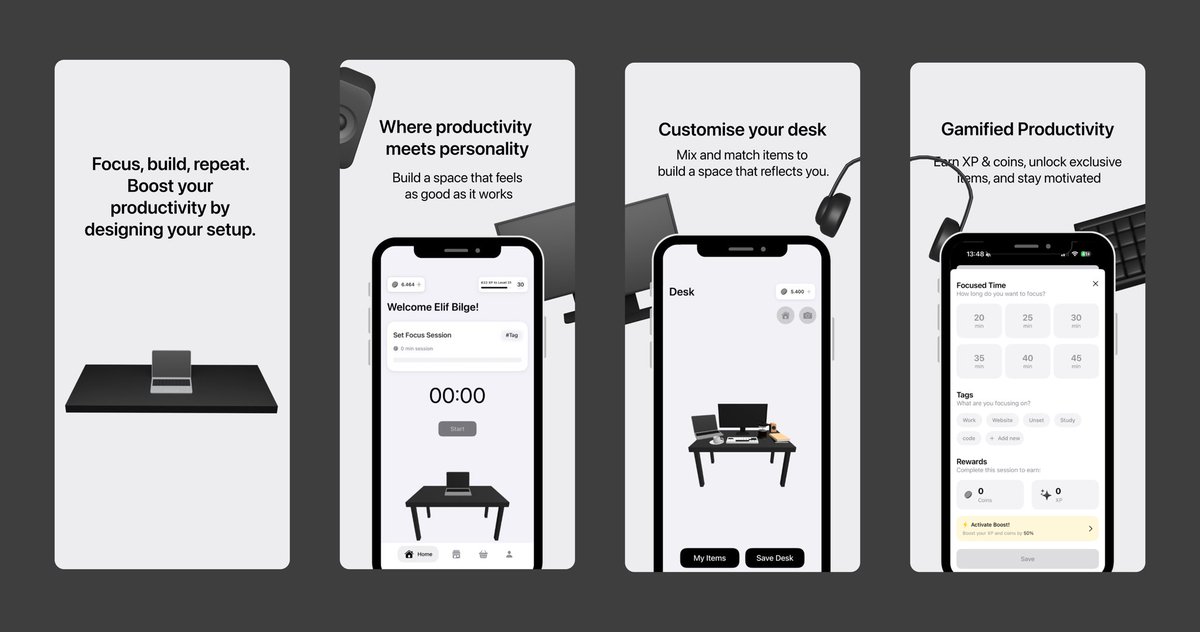 Uygulamam  Setuply: Build &amp; Focus sonunda yayındaa 🎉✨ Odaklandığınız süre sonunda kazandığınız xp ve coinlerle istediğiniz 3D objelerle masanızı düzenleyebilirsiniz 🫶🏻 Detaylı analiz sistemiyle de en üretken olduğunuz saate kadar programınızı inceleyebilirsiniz 😇