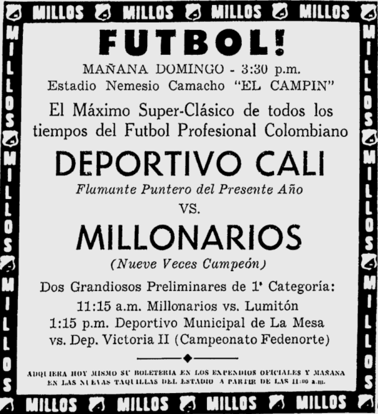 n3grorevacunado's tweet photo. Así presentaba El Tiempo (4 agosto 1967) Un Deportivo Cali - Millonarios. El Super-Clásico de Colombia. https://t.co/DWBpiWP55J
