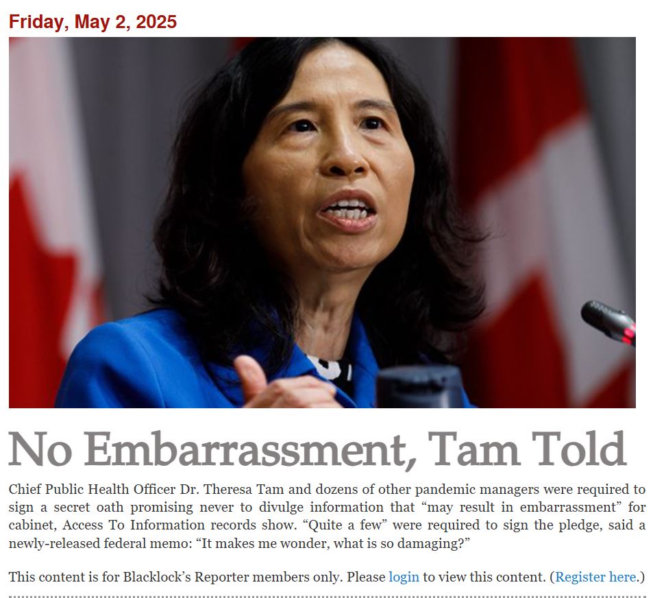 BREAKING -"Dr. Theresa Tam and dozens of other pandemic managers were required to sign a secret oath promising never to divulge information that “may result in embarrassment” for cabinet."

Looks like an open invitation for a class action lawsuit.

<a href="/echipiuk/">Eva Chipiuk, BSc, LLB, LLM</a> <a href="/ikwilson/">Keith Wilson, K.C.</a> <a href="/JCCFCanada/">Justice Centre for Constitutional Freedoms</a>