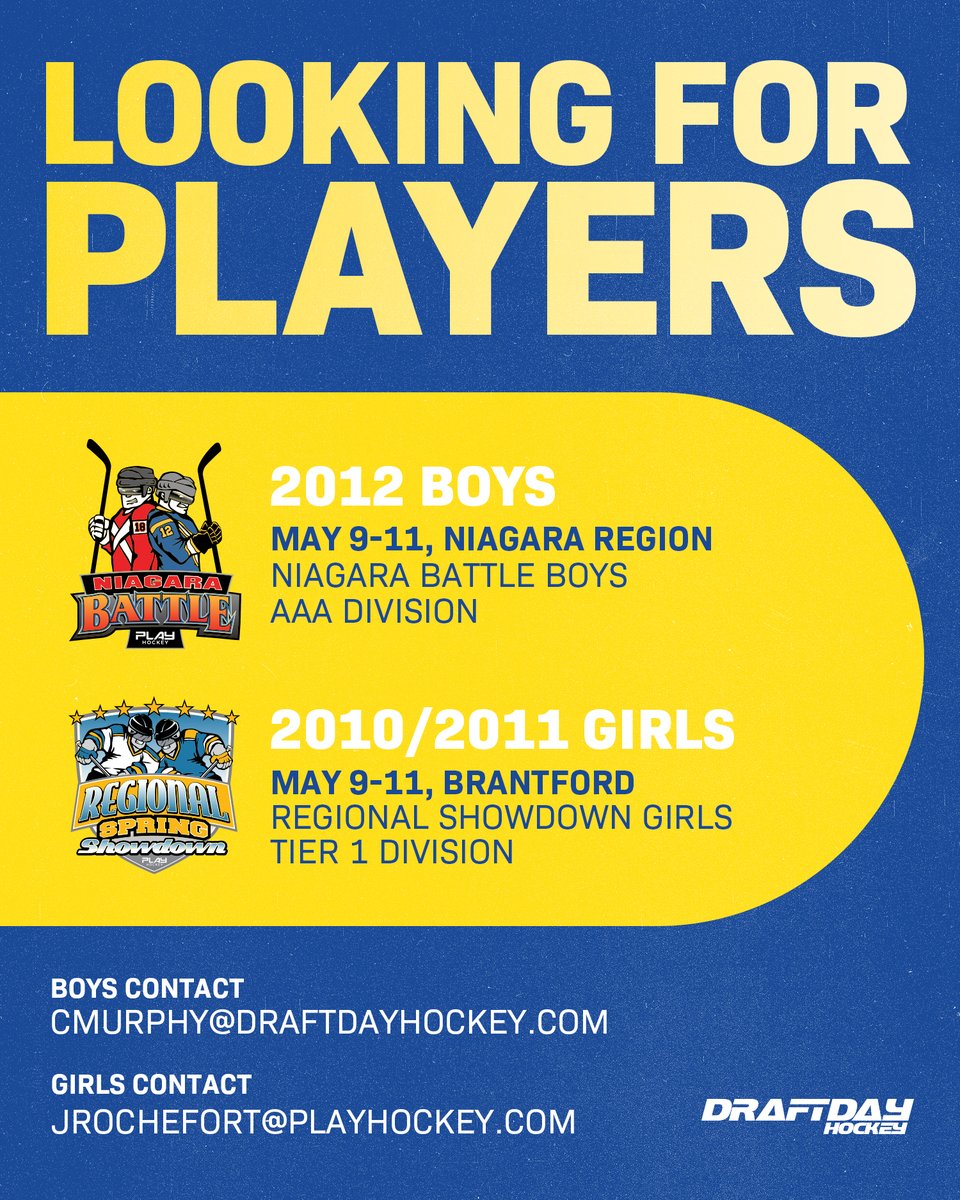 🏒 We’re looking for talent to join our teams for two exciting spring tournaments!

2012 Boys — Niagara Battle (AAA)
📍Niagara Region

2010/2011 Girls — Regional Showdown (Tier 1)
📍 Brantford

📩 Contact:
Boys: cmurphy@draftdayhockey.com
Girls: jrochefort@playhockey.com
