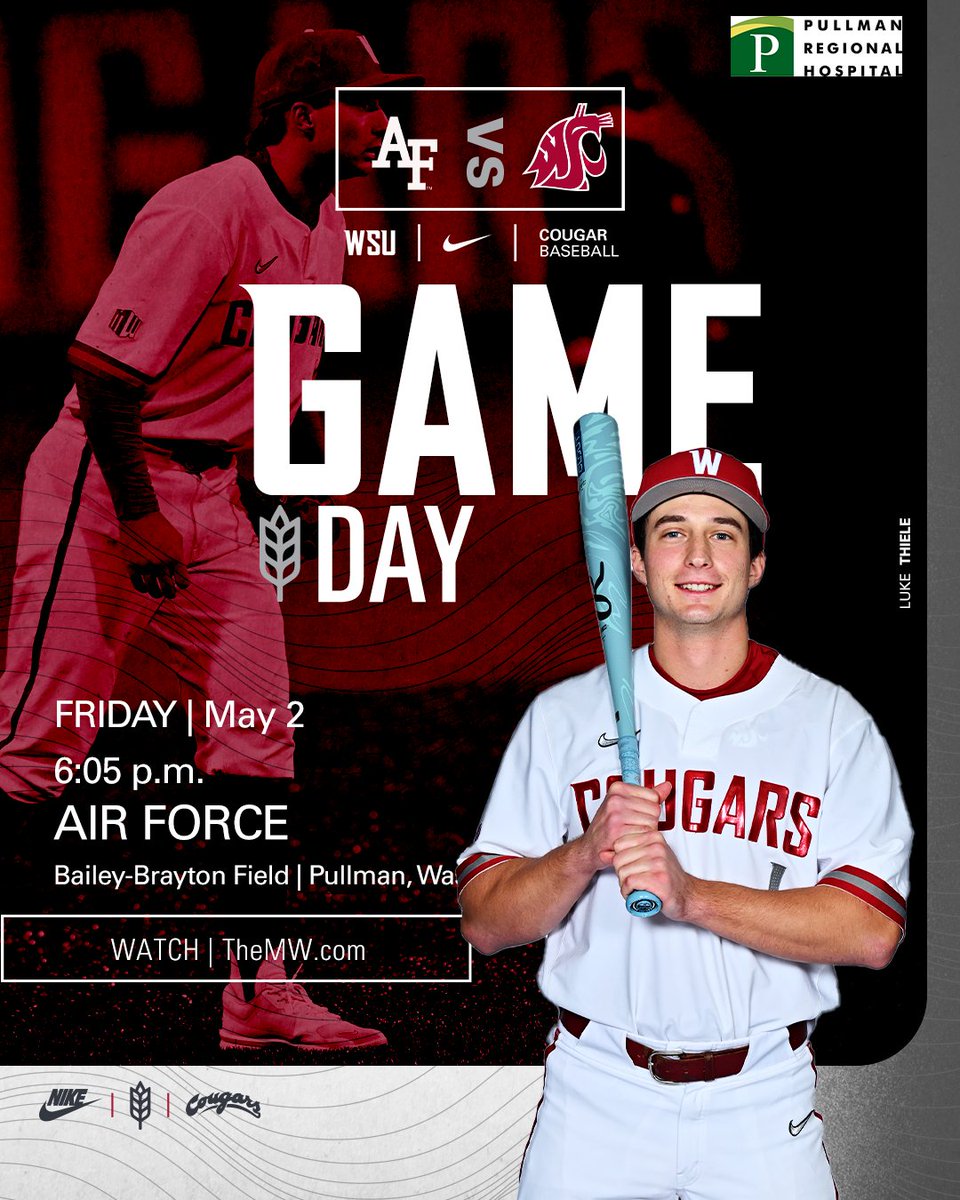 𝐆𝐀𝐌𝐄 𝐃𝐀𝐘 𝐚𝐭 𝐁𝐚𝐢𝐥𝐞𝐲-𝐁𝐫𝐚𝐲𝐭𝐨𝐧!

We open a series against Air Force tonight.

Presented by Pullman Regional Hospital
1st Pitch | 6:05
LIVE STATS | shorturl.at/T8ZFg
LISTEN | shorturl.at/WcGXX
WATCH | shorturl.at/bwTyc

#GoCougs