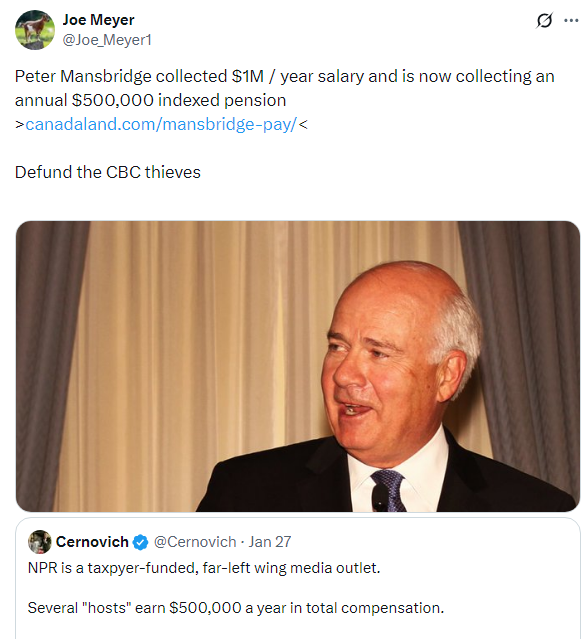 Joe_Meyer1's tweet photo. ON THE TAXPAYER DIME  

It turns out Canada pays its @CBC propagandists  more than the US pays NPR truth-spinners

It actually makes sense when one remembers Canada is a country controlled by self-serving multi-millionaire socialists

#Mansbridge #OTPP
https://t.co/m53LB81Yfl https://t.co/jj62daJzUC