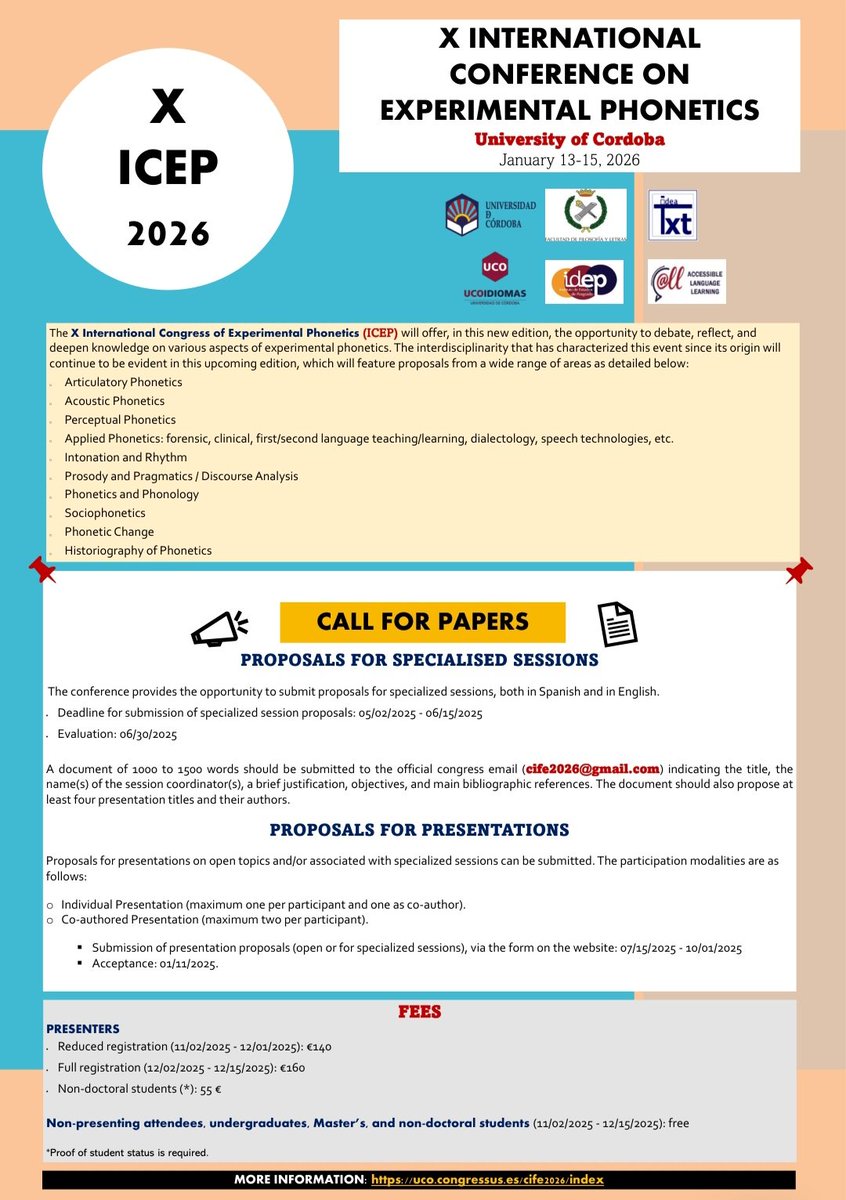 X CIFE 2026 (@xcife2026) on Twitter photo ⚪️ X Congreso Internacional de Fonética Experimental ⚪️
📍<a href="/Univcordoba/">Universidad Córdoba</a>
🗓 13-15/01/2026
📢📢 Abrimos el plazo de envío de propuestas para sesiones monográficas en el #XCIFE2026 #callforpapers 
Hasta el 15/06 📝⏳️
Más información 👇🏻👇🏻
O en la web: uco.congressus.es/cife2026/index ⚪️ X Congreso Internacional de Fonética Experimental ⚪️
📍<a href="/Univcordoba/">Universidad Córdoba</a>
🗓 13-15/01/2026
📢📢 Abrimos el plazo de envío de propuestas para sesiones monográficas en el #XCIFE2026 #callforpapers 
Hasta el 15/06 📝⏳️
Más información 👇🏻👇🏻
O en la web: uco.congressus.es/cife2026/index