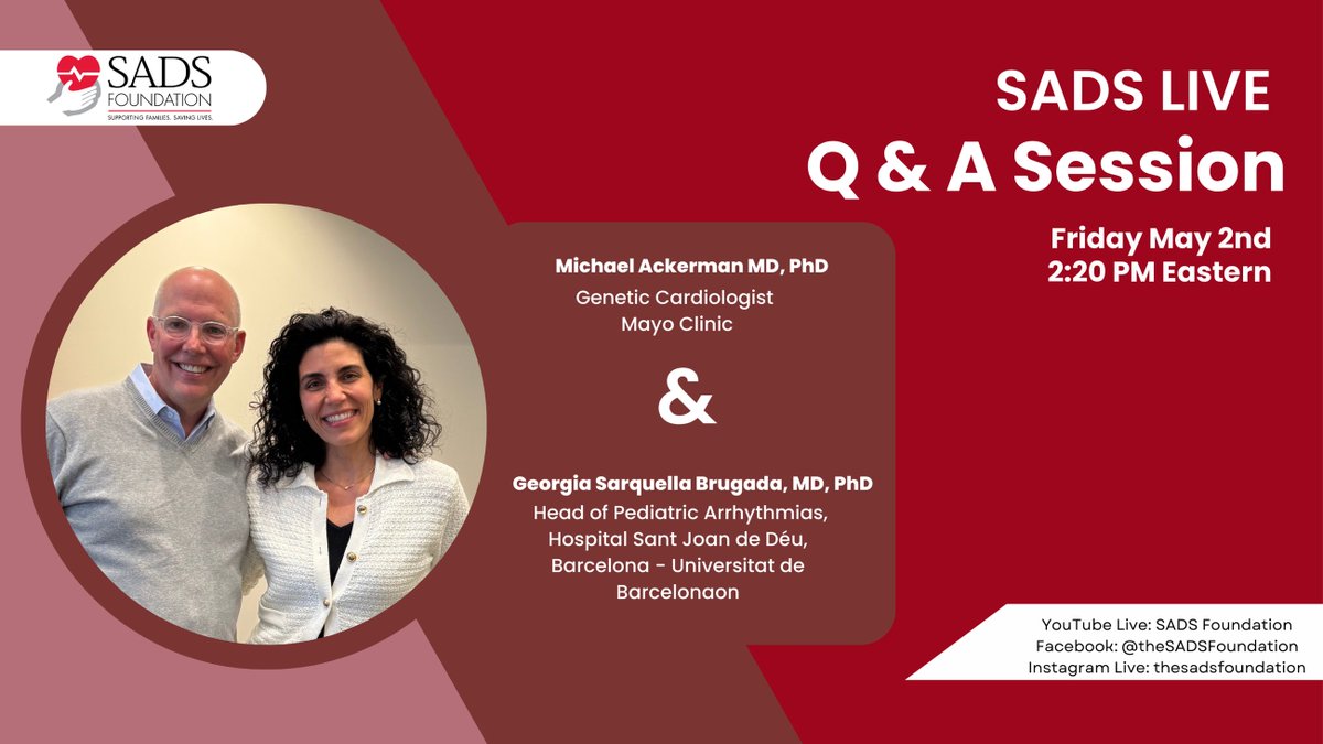 Less than an hour until our SADS Live with Dr. Mike Ackerman and he will be joined by Georgia Sarquella Brugada, MD, PhD. This is a live you won't want to miss!

Click the link below to watch it on our YouTube or watch it on our Facebook page.
youtube.com/live/b5NM4GjZQ…
