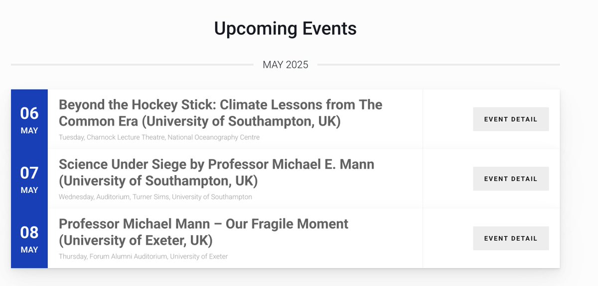 Prof Michael E. Mann (@michaelemann) on Twitter photo Three talks, three days, UK:
"Beyond the Hockey Stick" <a href="/unisouthampton/">University of Southampton</a> 5/6:
michaelmann.net/events/beyond-…
"Science Under Siege" <a href="/unisouthampton/">University of Southampton</a> 5/7:
michaelmann.net/events/science…
"Our Fragile Moment" <a href="/UniofExeter/">University of Exeter</a> 5/8:
michaelmann.net/events/profess… Three talks, three days, UK:
"Beyond the Hockey Stick" <a href="/unisouthampton/">University of Southampton</a> 5/6:
michaelmann.net/events/beyond-…
"Science Under Siege" <a href="/unisouthampton/">University of Southampton</a> 5/7:
michaelmann.net/events/science…
"Our Fragile Moment" <a href="/UniofExeter/">University of Exeter</a> 5/8:
michaelmann.net/events/profess…