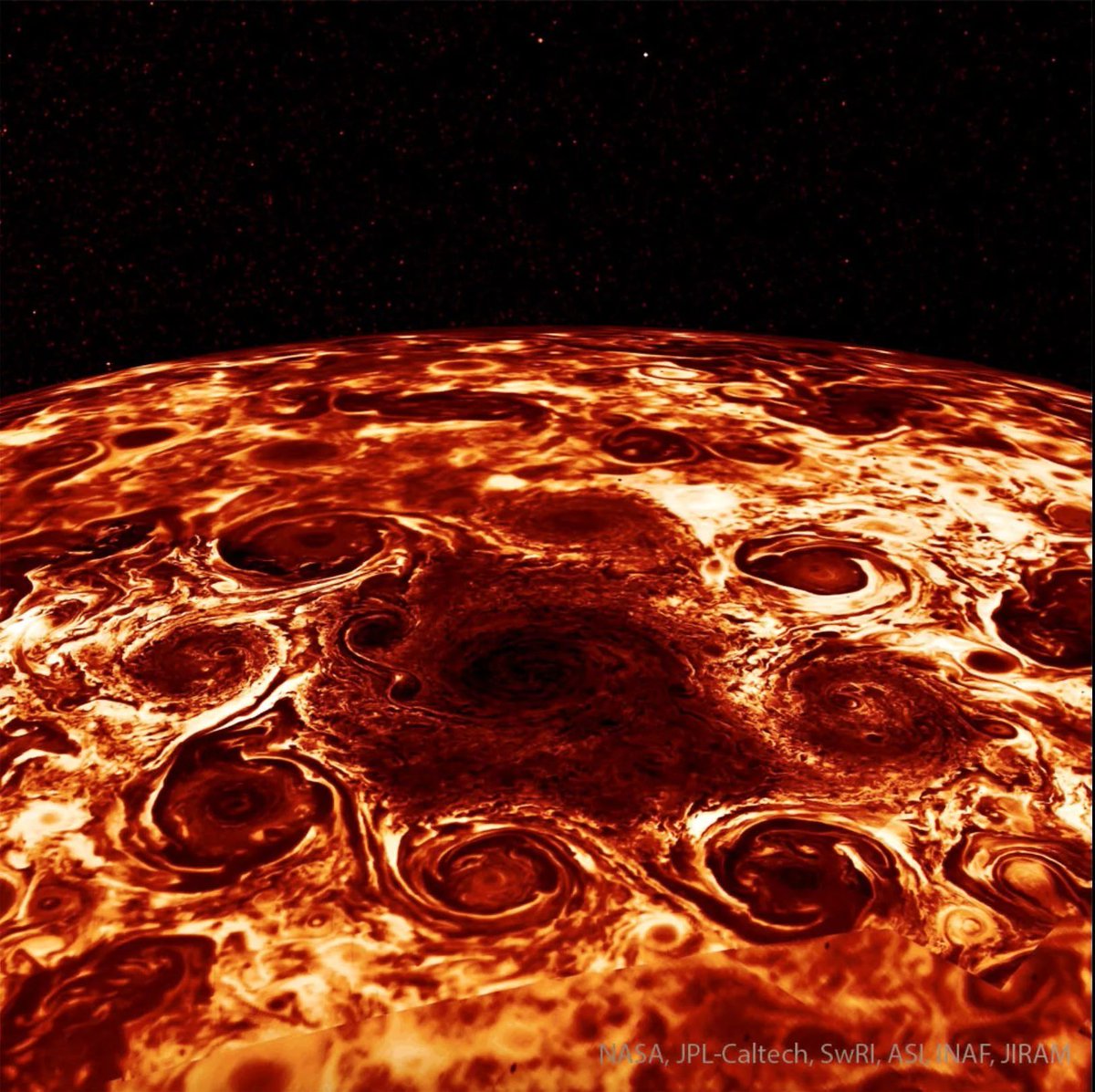 Infrared Picture shared by NASA of cyclones at the North Pole of Jupiter