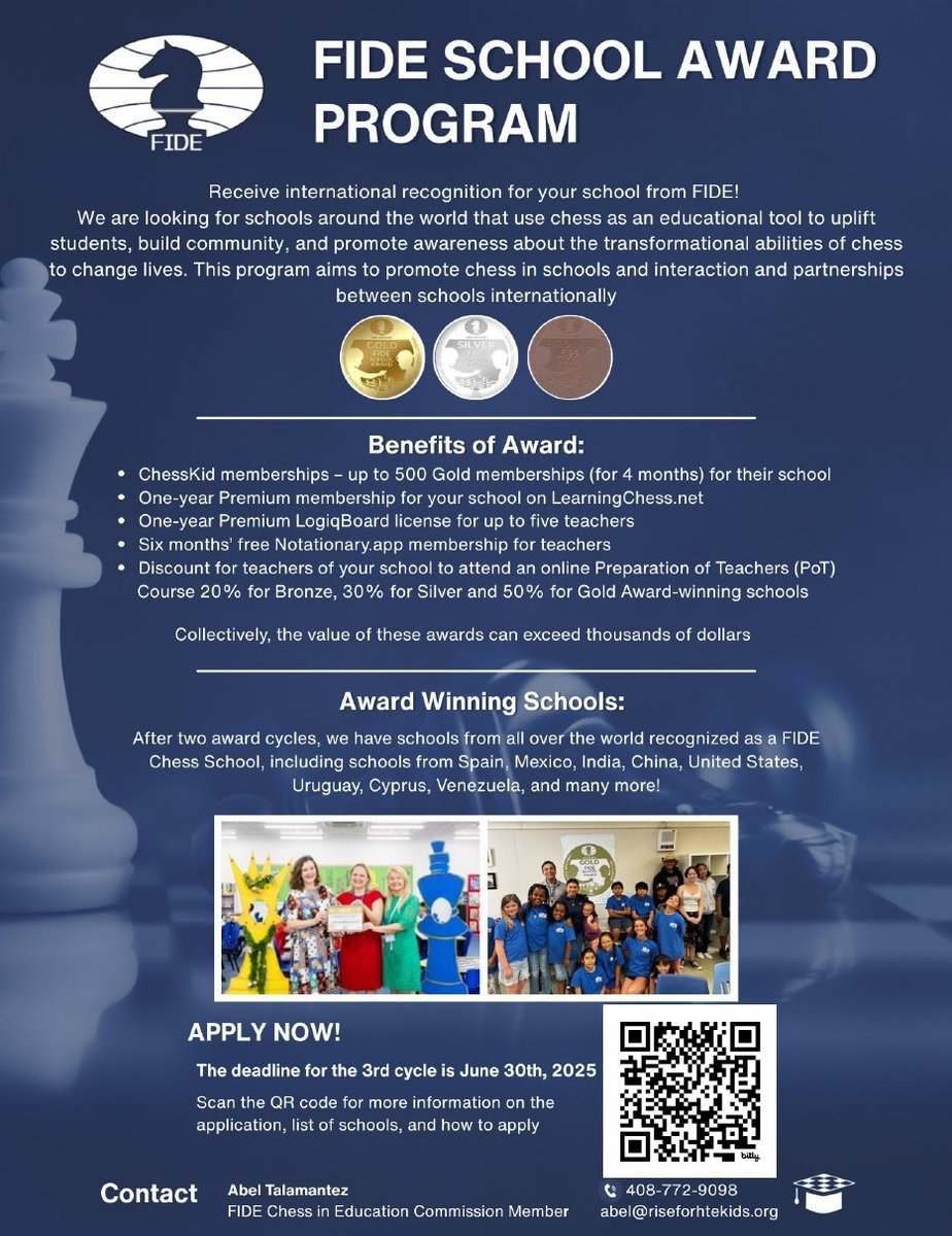 Applications Are Still Open for the 3rd Cycle of FIDE School Awards