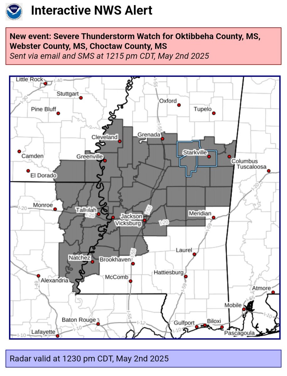 New event. Severe Thunderstorm Watch from 5/2/2025 12:14 PM to 7:00 PM CDT for Oktibbeha County, MS, Choctaw ... inws.ncep.noaa.gov/a/a.php?i=1133…