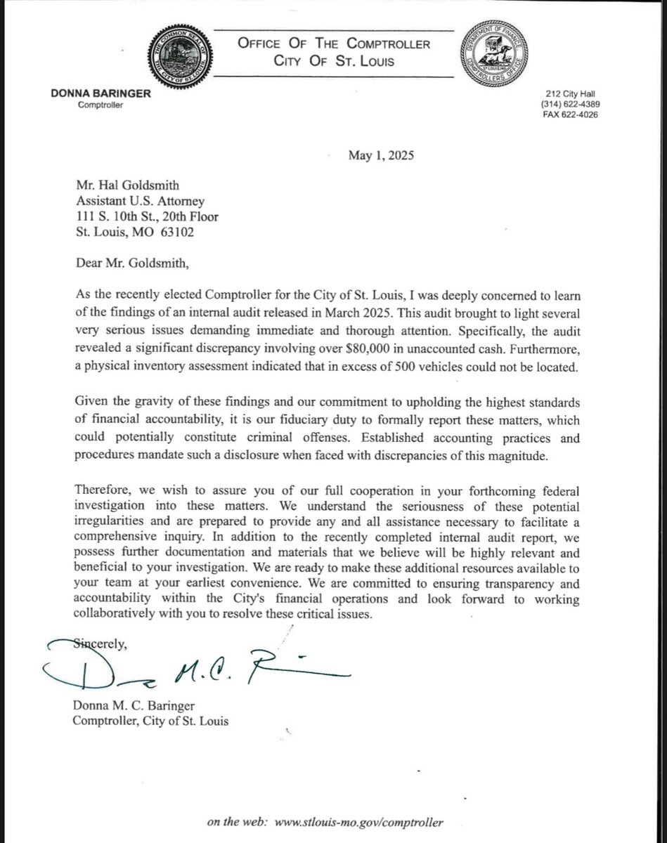 First on KMOX: St. Louis City Comptroller Donna Baringer has handed over an internal audit of the city’s tow lot to the US Attorney’s Office “for further criminal investigation.” Story TK  <a href="/kmoxnews/">KMOX St. Louis News</a>