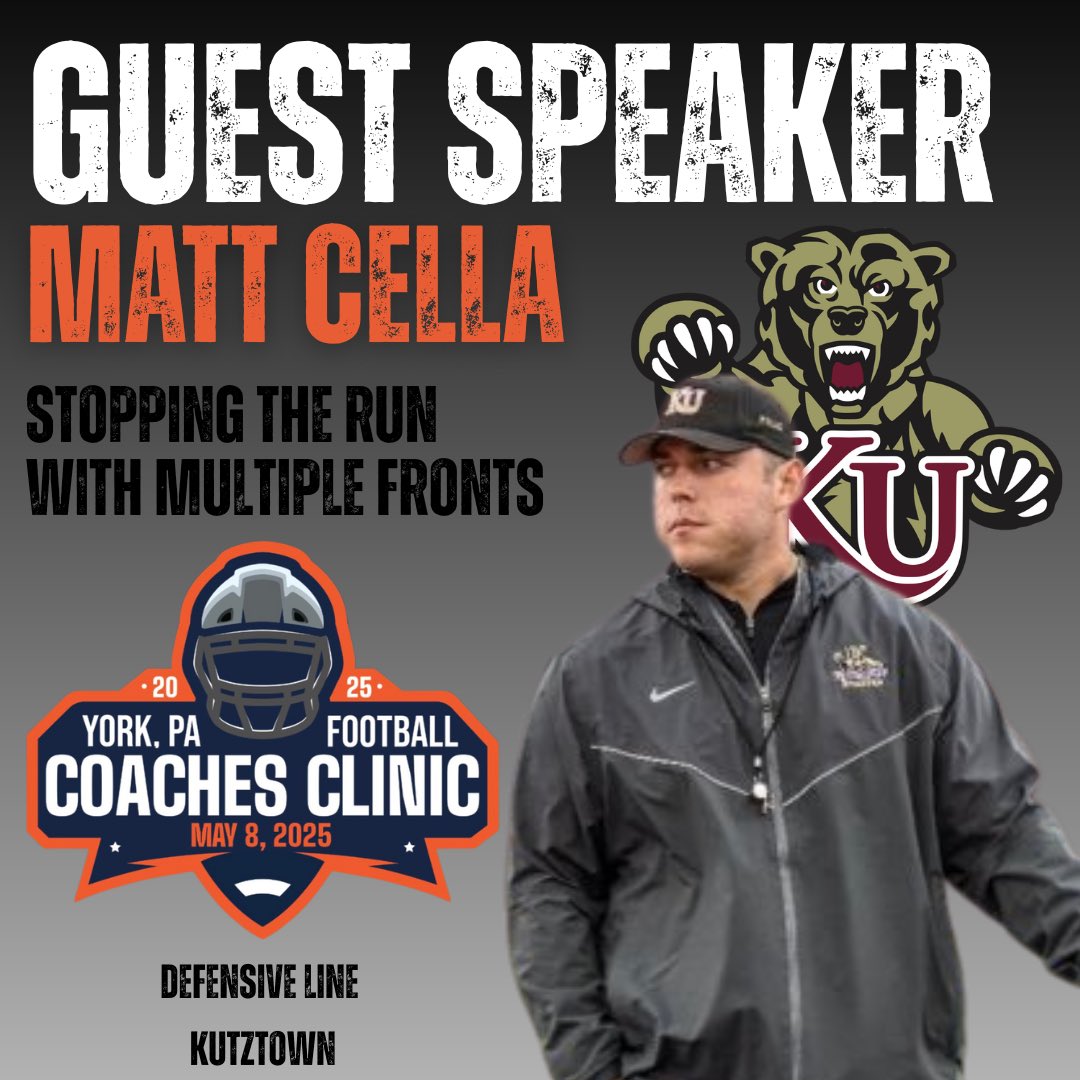 Ben Cregger (@coachcregger) on Twitter photo 🚨Guest Speaker🚨
We would like to announce <a href="/CoachCella_KU/">Matt Cella</a> DL coach <a href="/KUBearsFootball/">Kutztown Football 🐻</a> as a guest speaker at the 2025 <a href="/AFL_YorkPA/">AFL York PA</a> Coaching Clinic held here in York, Pa on May 8th!
Coaches, please sign up using the link below
zeffy.com/en-US/ticketin…
#OneGoal 🚨Guest Speaker🚨
We would like to announce <a href="/CoachCella_KU/">Matt Cella</a> DL coach <a href="/KUBearsFootball/">Kutztown Football 🐻</a> as a guest speaker at the 2025 <a href="/AFL_YorkPA/">AFL York PA</a> Coaching Clinic held here in York, Pa on May 8th!
Coaches, please sign up using the link below
zeffy.com/en-US/ticketin…
#OneGoal