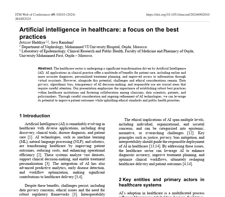 Intissar HADDIYA (@haddiyaintissar) on Twitter photo Excited to share our article: Artificial intelligence in healthcare: a focus on best practices
DOI:doi.org/10.1051/itmcon…
A call for ethical, transparent & human-centered AI in medicine.
#AI #Healthcare #Ethics
<a href="/AfricanAFRAN/">African Association of Nephrology (AFRAN)</a> <a href="/ISNkidneycare/">Int Society of Nephrology</a> <a href="/WhoIa/">Who Ia</a> <a href="/WHOAFRO/">WHO African Region</a> <a href="/tmacademy_org/">Translational Medicine Academy (TMA)</a> Excited to share our article: Artificial intelligence in healthcare: a focus on best practices
DOI:doi.org/10.1051/itmcon…
A call for ethical, transparent & human-centered AI in medicine.
#AI #Healthcare #Ethics
<a href="/AfricanAFRAN/">African Association of Nephrology (AFRAN)</a> <a href="/ISNkidneycare/">Int Society of Nephrology</a> <a href="/WhoIa/">Who Ia</a> <a href="/WHOAFRO/">WHO African Region</a> <a href="/tmacademy_org/">Translational Medicine Academy (TMA)</a>