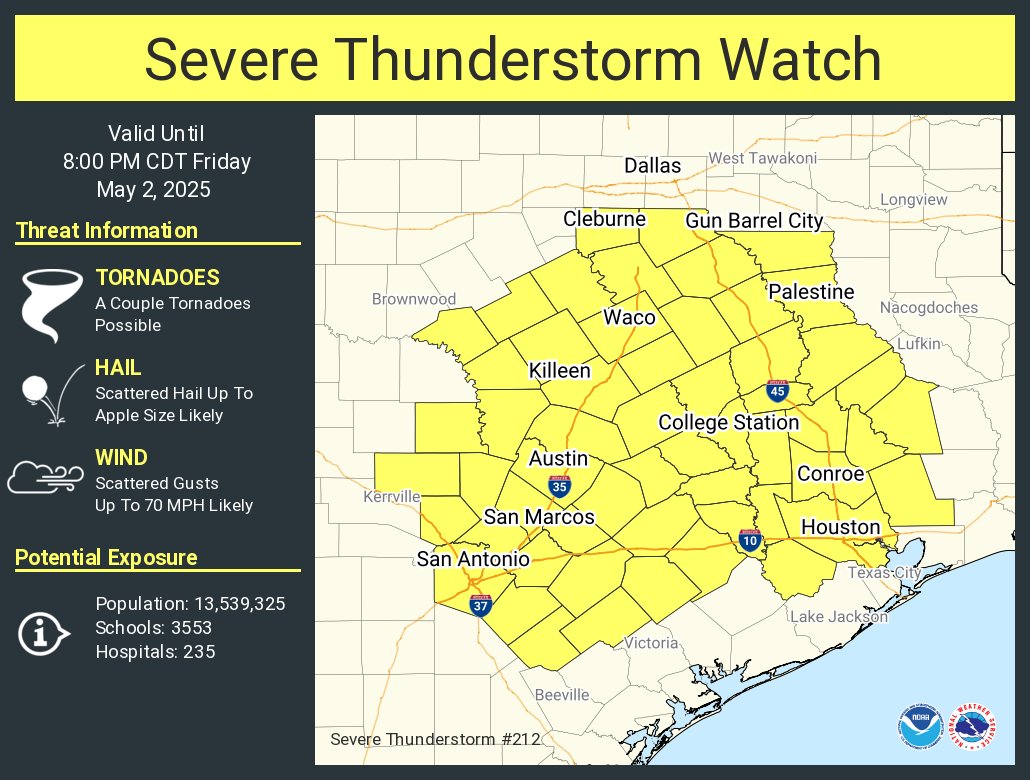 NWSFortWorth's tweet image. A severe thunderstorm watch has been issued for parts of Texas until 8 PM CDT