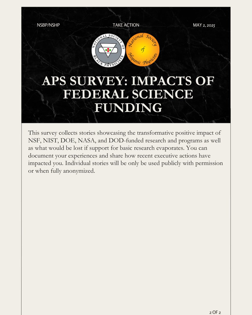 Speak out for the NSBP/NSHP Community: speak4.app/lp/u201ashh

The APS survey collects stories showcasing the transformative positive impact of NSF, NIST, DOE, NASA, &amp; DOD-funded research and programs as well as what would be lost. apsphysics.fillout.com/t/6ESUva3vwGus #NSBP #NSHP #Support