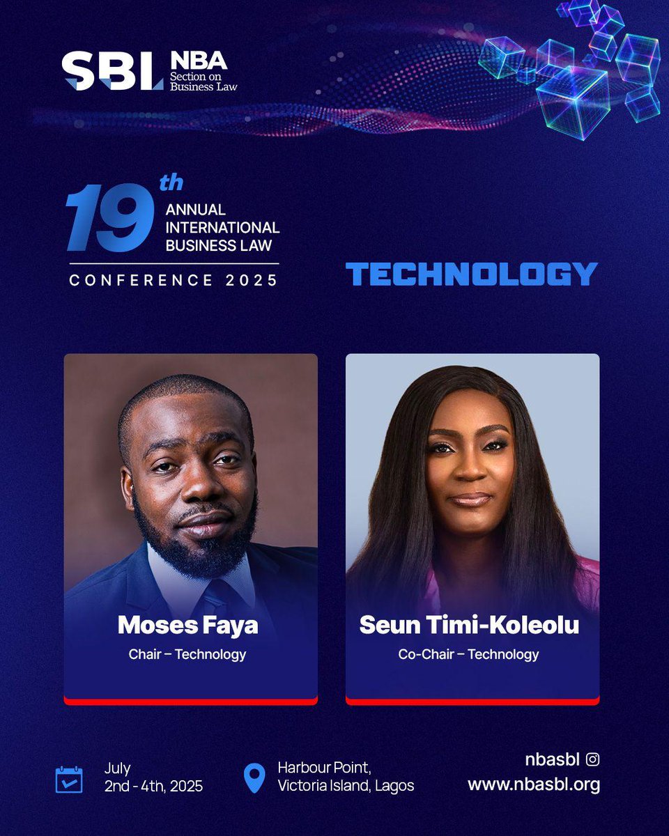 nbasblofficial's tweet photo. Introducing the 2025 NBA-SBL Conference Planning Committee (CPC) Technology Leadership!

As we gear up for the 19th Annual International Business Law Conference of the NBA Section on Business Law (NBA-SBL), we are excited to introduce the innovative leaders driving the technology aspect of this landmark event.

Meet Moses Faya, Chair of Technology for the Conference Planning Committee. Moses’ technical expertise and forward-thinking approach will ensure a cutting-edge technological experience for all attendees.

Supporting him is Seun Timi-Koleolu, Co-Chair of Technology for the Conference Planning Committee. Seun’s creativity and dedication will enhance the conference’s digital presence and functionality.

Join us for an inspiring event from July 2nd - 4th, 2025, at Harbour Point, Victoria Island, Lagos. Expect transformative sessions, valuable networking, and groundbreaking insights as we shape the future of business law together!

Stay tuned for more updates.  
Follow us on social media.
Visit: https://t.co/ursxc3fk8L  

#NBASBL2025 #SBLConference2025 #BusinessLaw #ConferenceLeadership #NBASBL
