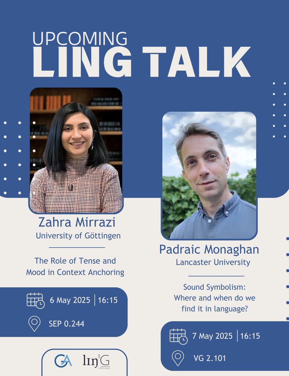 𝗟𝗜𝗡𝗚 𝗧𝗔𝗟𝗞

Two amazing talks for this week with Zahra Mirrazi and Padraic Monaghan! 

Check them out!

Find more information about the talks on our website!

#lingoe #linguistics #language #lancasteruniversity #göttingenuniversität