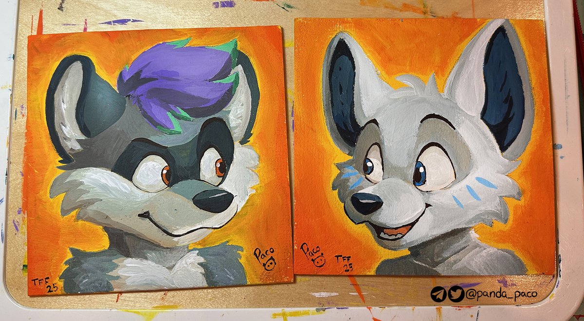 Dusk, the raccoon, on one side; Liang, the silver fox on the other. Meeting somewhere in the space between frames.

Traditional. Acrylics. For <a href="/DuskAraiguma/">Dusk 🔜 TFF</a> and Liang
Done during Texas Furry Fiesta's Artists Alley