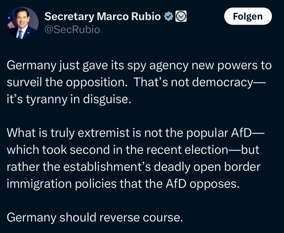 Wahnsinn: der Außenminister der USA kommentiert den deutschen Geheimdienstterror: „Wirklich extremistisch ist nicht die populäre AfD – die bei der letzten Wahl den zweiten Platz belegte –, sondern die tödliche Massenzuwanderungspolitik des Establishments, gegen die sich die AfD
