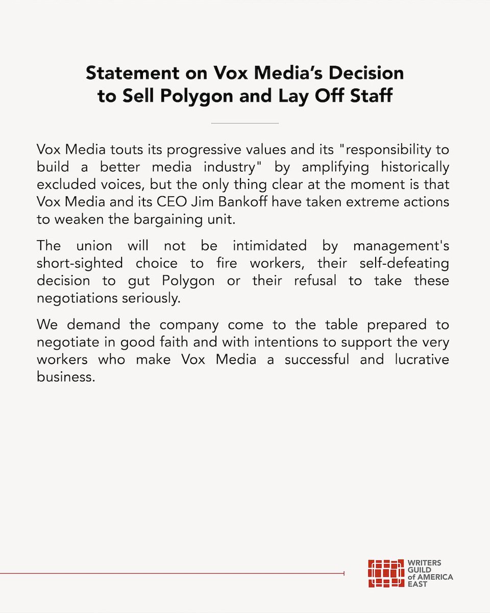 The WGA East's statement on @VoxMedia’s decision to sell <a href="/Polygon/">Polygon</a> and lay off staff.

We stand with our @Vox_Union members now and always ✊