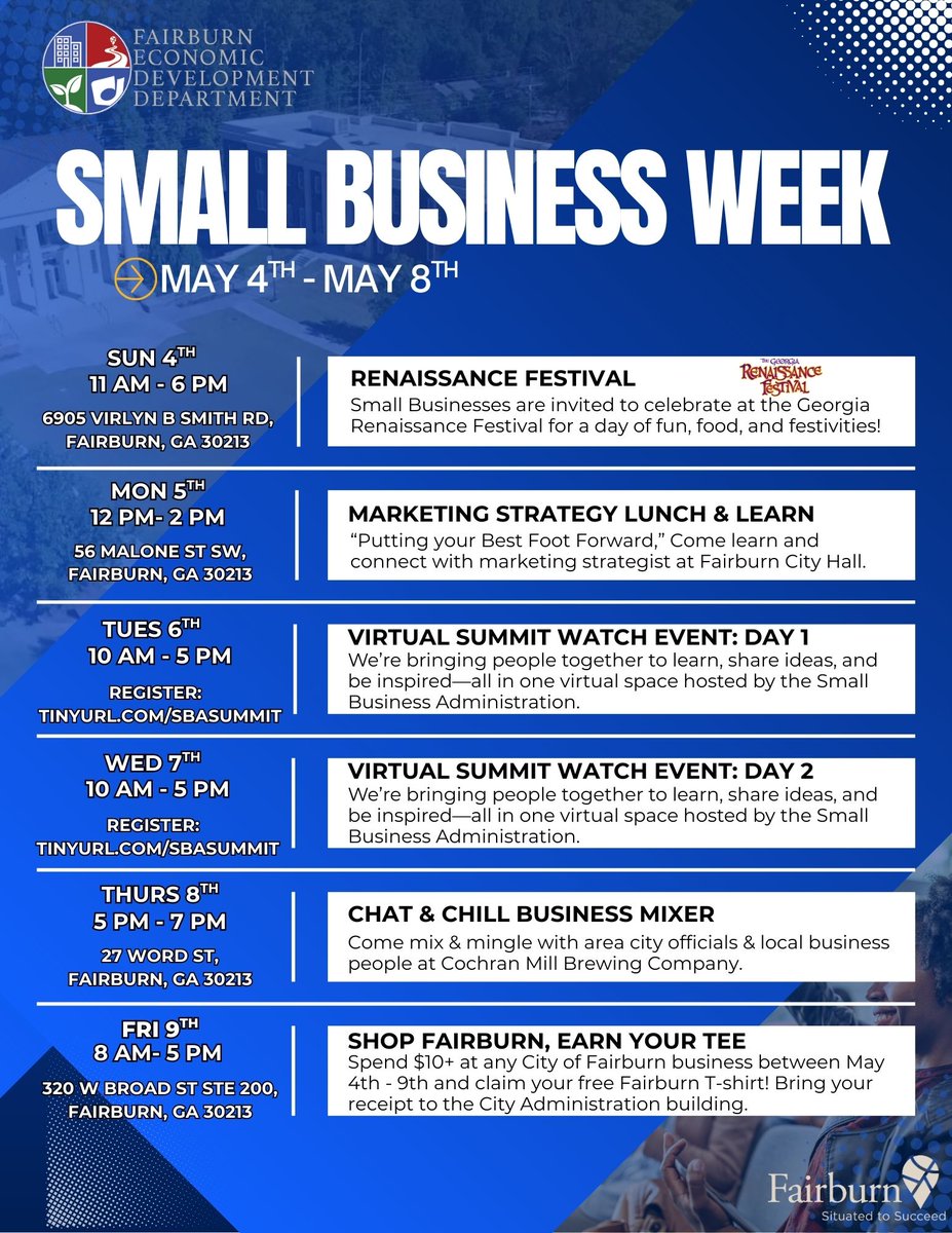 Calling all Small Businesses Owners 📢Next week is National Small Business Week and City of Fairburn is inviting you to join us for a week of events dedicated to guiding small businesses 👏

#OneFairburn #FairburnGa #GeorgiaCities #SmallBusinessWeek #SmallBusinessAssociation