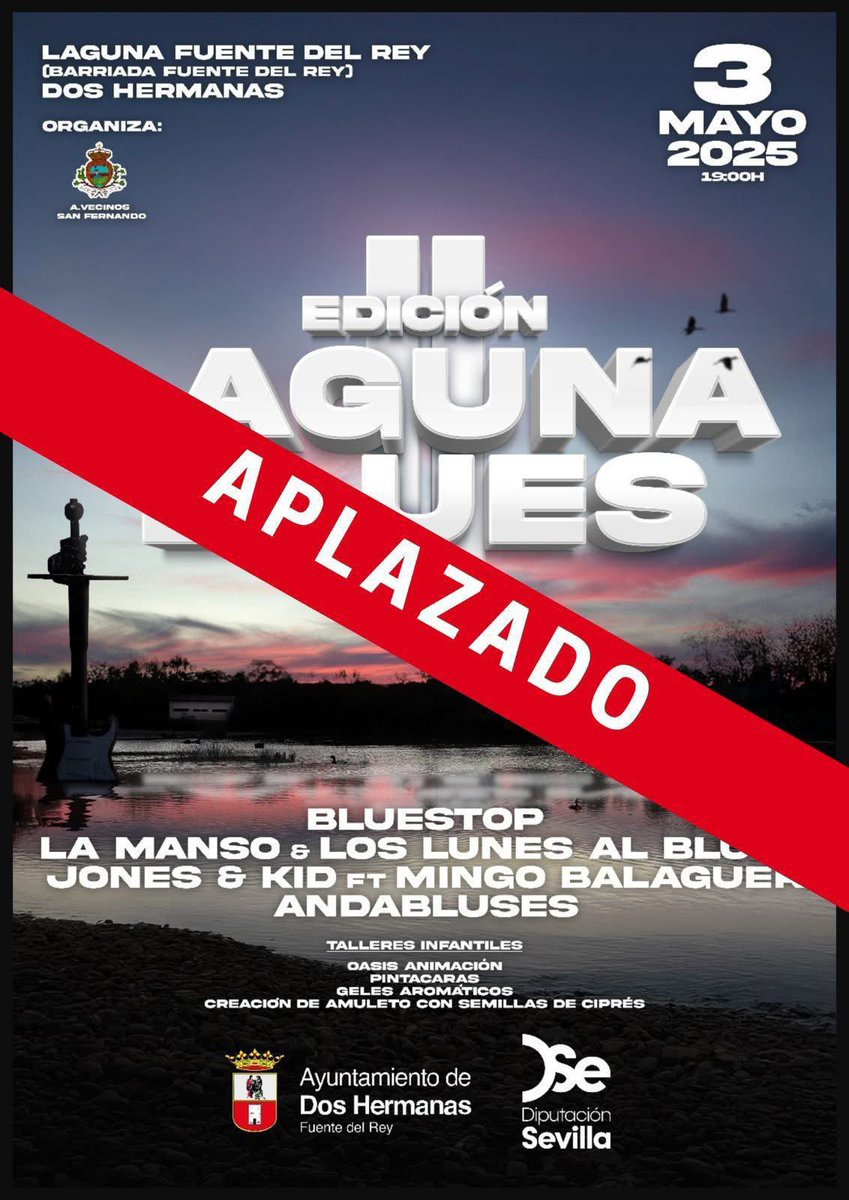 Transmitimos las palabras de los organizadores: “Por inestabilidad meteorológica y evitar una posible suspensión irreversible, nos vemos obligados a aplazar unas semanitas el ll Festival Laguna blues. […] gracias por la comprensión.
En breve se comunicará nueva fecha.”