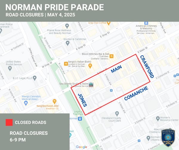 ROAD CLOSURE ⚠️ DOWNTOWN NORMAN

Heads up, Norman! Main Street, Crawford Ave, Comanche Street, and Jones Ave in Downtown Norman will be closed to all traffic for the Norman PRIDE Parade on SUNDAY (May 4) from 6-9PM. The parade starts at 7:30PM.

Motorists should plan to utilize