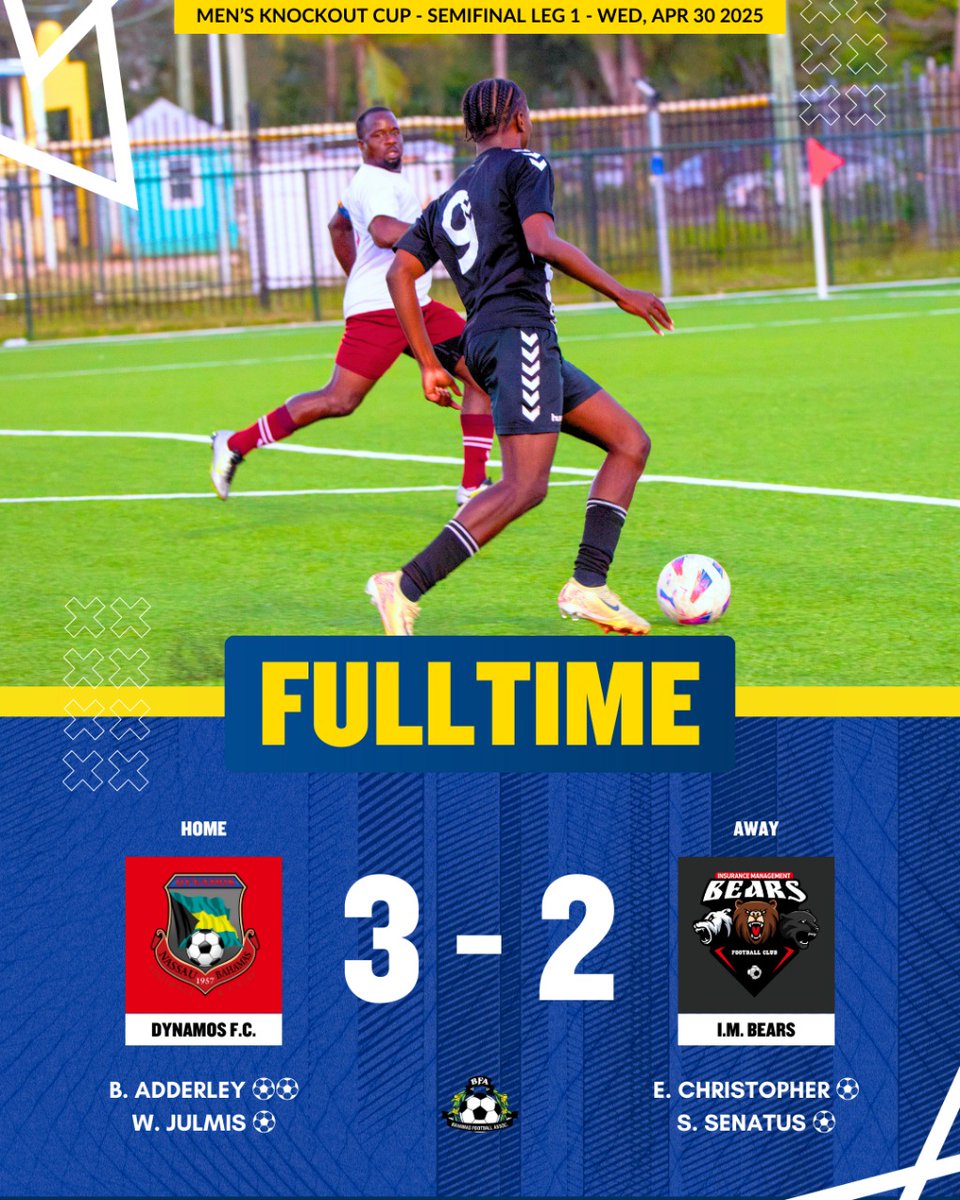 BahamasFootbal1's tweet image. FULLTIME: Dynamos F.C. edge out IM Bears F.C. 3-2 in a thrilling Leg 1 of the Men’s Knockout Cup semifinals. ⚽🔥

Both sides brought intensity, but Dynamos pulled ahead in the end.

#DynamosFC #IMBearsFC #MensKnockoutCup #FullTime #BahamasFootball #BFA