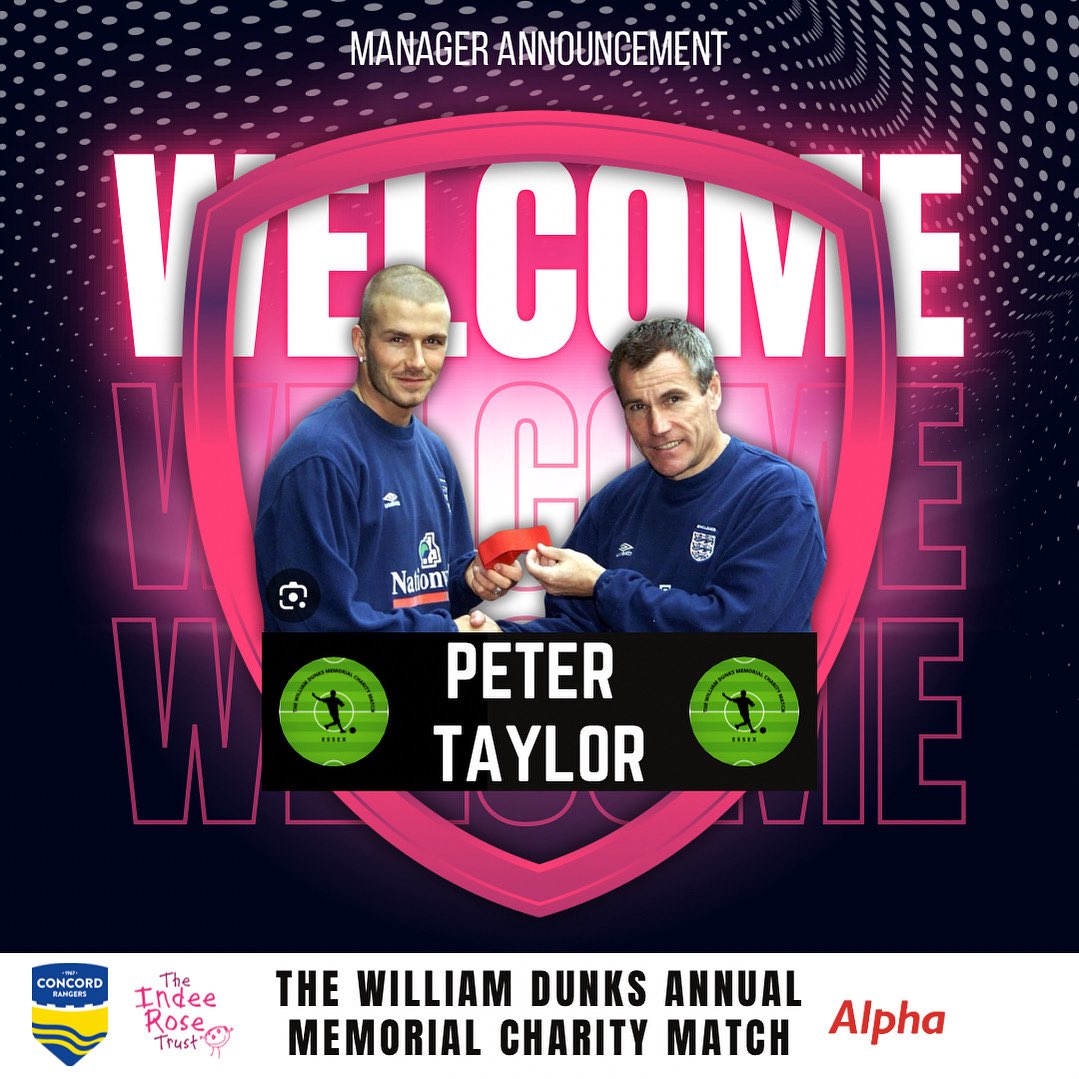 DunksMatch's tweet image. P E T E R T A Y L O R
This year we welcome ex pro and ex manager, Mr Peter Taylor, to Canvey Island for our third annual William Dunks Memorial Charity Match
We can’t wait for him to manage one of our teams on 26th July 🙌
Welcome, Peter 🤝