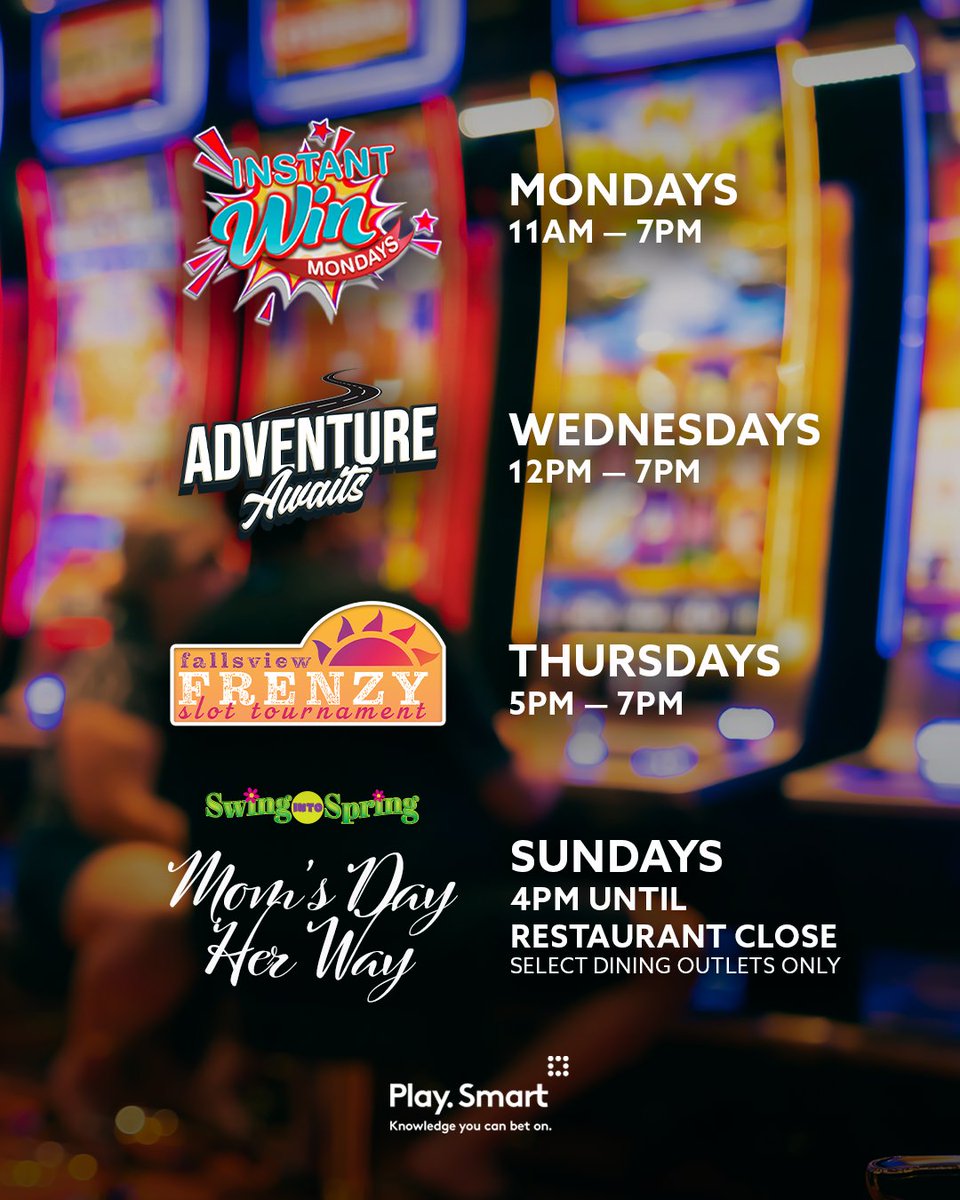 May is looking reeeal good 📷
INSTANT WIN MONDAYS: Every Monday 11AM - 7PM
📷 ADVENTURE AWAITS: Wednesdays 12PM—7PM (Car Giveaway on the 28) 📷
FALLSVIEW FRENZY: Thursdays 5PM—7PM
MOM'S DAY HER WAY: Sundays in May | 4PM to Restaurant Close
Visit FallsviewCasinoResort.com for