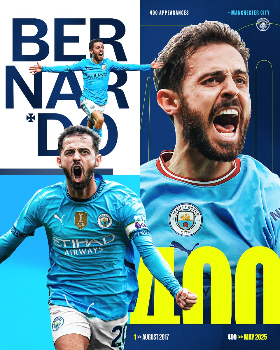 ManCity's tweet photo. Bernardo's set to make his 400th City appearance! 🌟🩵 https://t.co/3PnJzbcESi
