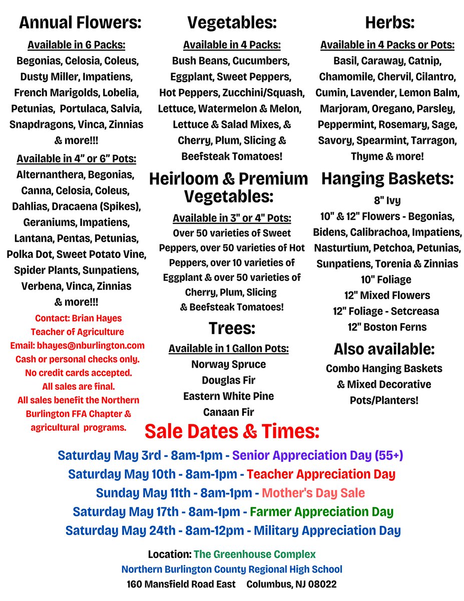 Northern FFA Spring Plant Sale

STARTS TOMORROW!

The Northern FFA Chapter will be holding its annual Spring Plant Sale days during the month of May 2025: May 3rd, 10th, 11th, 17th, &amp; 24th