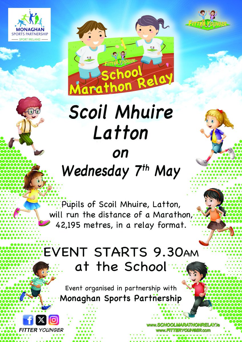 Scoil Mhuire, Latton (@lattonns) on Twitter photo As part of Active Week we are excited to be taking part in <a href="/fitteryounger/">Fitter Younger</a> School Marathon Relay through <a href="/monaghan_sports/">Monaghan Sports</a> partnership. <a href="/ActiveFlag/">Active School Flag</a> As part of Active Week we are excited to be taking part in <a href="/fitteryounger/">Fitter Younger</a> School Marathon Relay through <a href="/monaghan_sports/">Monaghan Sports</a> partnership. <a href="/ActiveFlag/">Active School Flag</a>