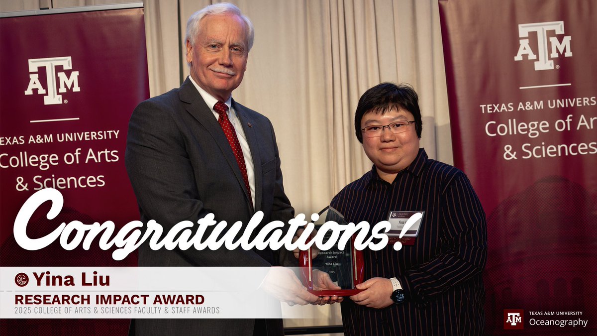 TAMU Oceanography (@tamu_ocean) on Twitter photo Congrats to @TAMU_Ocean's Dr. Yina Liu for winning the 2025 <a href="/TAMUArtSci/">Texas A&M Arts & Sciences</a> Research Impact Award! Her groundbreaking work in marine and environmental biogeochemistry is helping transform how we understand carbon in our oceans. 🌊🔬
Read more: tx.ag/2025ArtSciAwar… Congrats to @TAMU_Ocean's Dr. Yina Liu for winning the 2025 <a href="/TAMUArtSci/">Texas A&M Arts & Sciences</a> Research Impact Award! Her groundbreaking work in marine and environmental biogeochemistry is helping transform how we understand carbon in our oceans. 🌊🔬
Read more: tx.ag/2025ArtSciAwar…