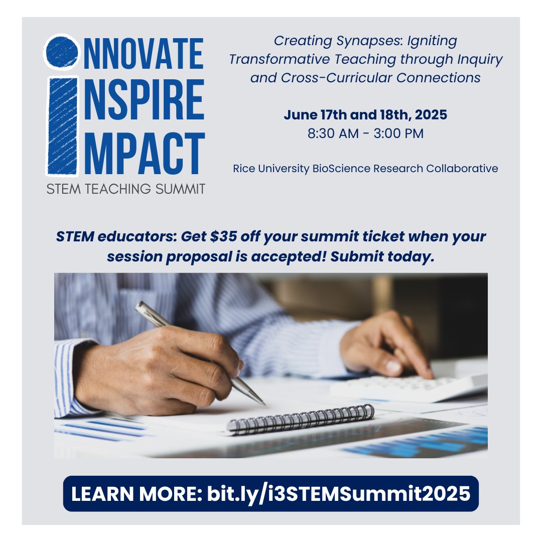 R-STEM (@riceu_stem) on Twitter photo STEM educators! Join us for the Innovate, Inspire, & Impact: STEM Teaching Summit at <a href="/RiceUniversity/">Rice University</a> for hands-on workshops, inspiring speakers, inquiry-driven strategies + PD & GT hours.
Proposals due May 16th: ow.ly/2KFp50VMbOG
🔗 Register now: bit.ly/i3STEMSummit20… STEM educators! Join us for the Innovate, Inspire, & Impact: STEM Teaching Summit at <a href="/RiceUniversity/">Rice University</a> for hands-on workshops, inspiring speakers, inquiry-driven strategies + PD & GT hours.
Proposals due May 16th: ow.ly/2KFp50VMbOG
🔗 Register now: bit.ly/i3STEMSummit20…