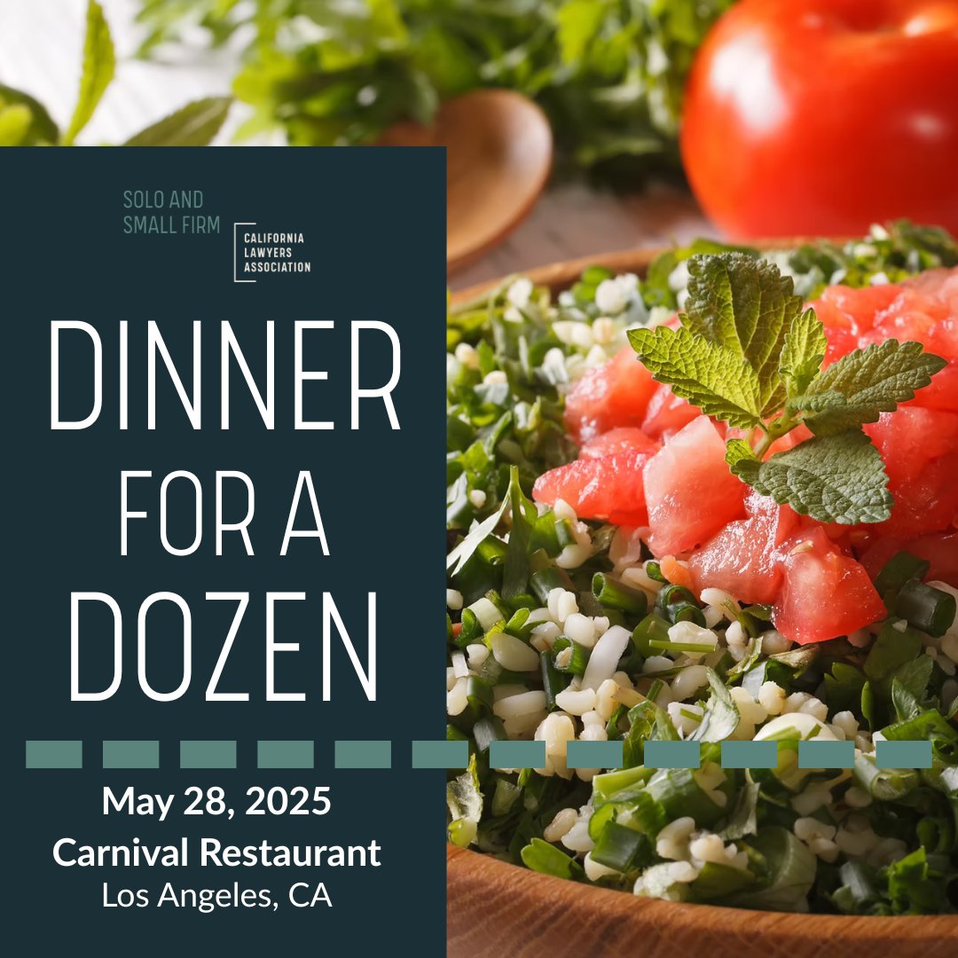 Only 12 seats. Endless connection.
Join CLA’s Dinner for a Dozen on May 28 at Carnival Restaurant (LA)! Network, dine, and explore leadership &amp; membership opportunities.

$45 | RSVP by May 12
🔗 calawyers.org/event/dinner-f…
#CLAEvents #LegalNetworking #CaliforniaLawyers #LosAngelesLaw