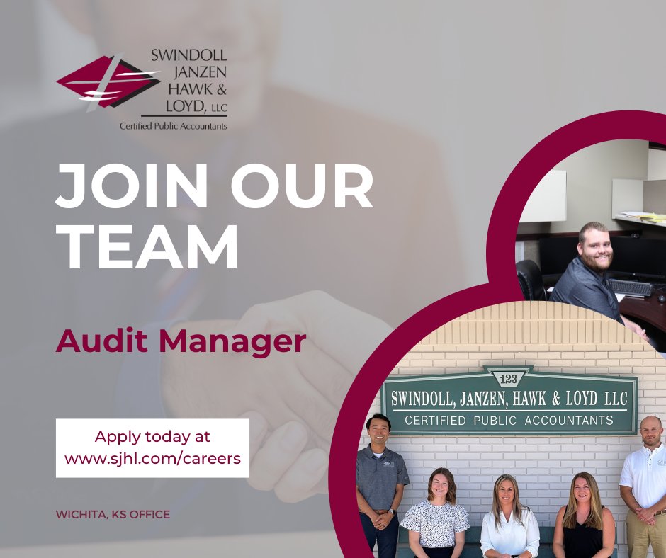 SJHL_KS's tweet image. We’re hiring an Audit Manager to join our growing team at our Wichita office! If you&apos;re looking for a rewarding career where you manage client relationships and work with a variety of different clients, this is an opportunity you won&apos;t want to miss!
#hiring #auditmanager #CPA