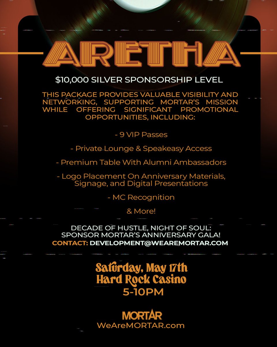 We still have a few sponsorship opportunities available! 
Swipe to learn more about our $10k "ARETHA" Silver Level Sponsorship &amp; see how we can collaborate to align your brand with ours!
Email ➡️ development@wearemortar.com⁠ for more details.