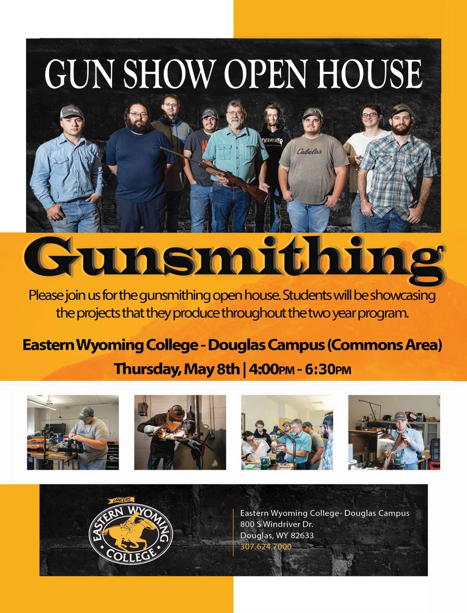 EasternWyoming's tweet image. See the craft of gunsmithing up close!
Join us at EWC’s Douglas Campus for the Gunsmithing Open House 🛠️
🗓️ May 8 | 🕓 4–6:30 PM
📍 Commons Area, Douglas, WY
Check out student projects from our 2-year program!
#EWC #Gunsmithing #OpenHouse #DouglasWY