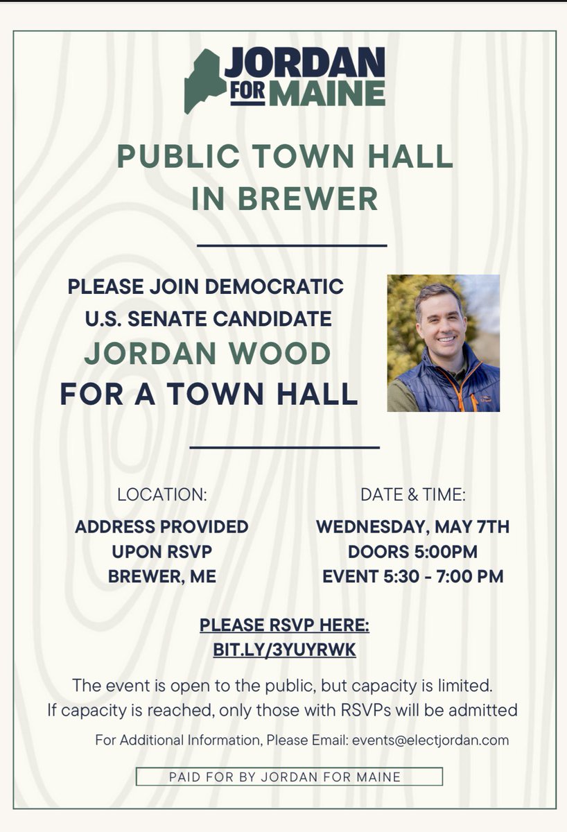 JordanWood's tweet image. When we launched this campaign, I promised to hold a public town hall in every county in the coming months. 

Our first one is in Brewer, on May 7.  Hope to see you there! 

RSVP: mobilize.us/electjordan/ev…