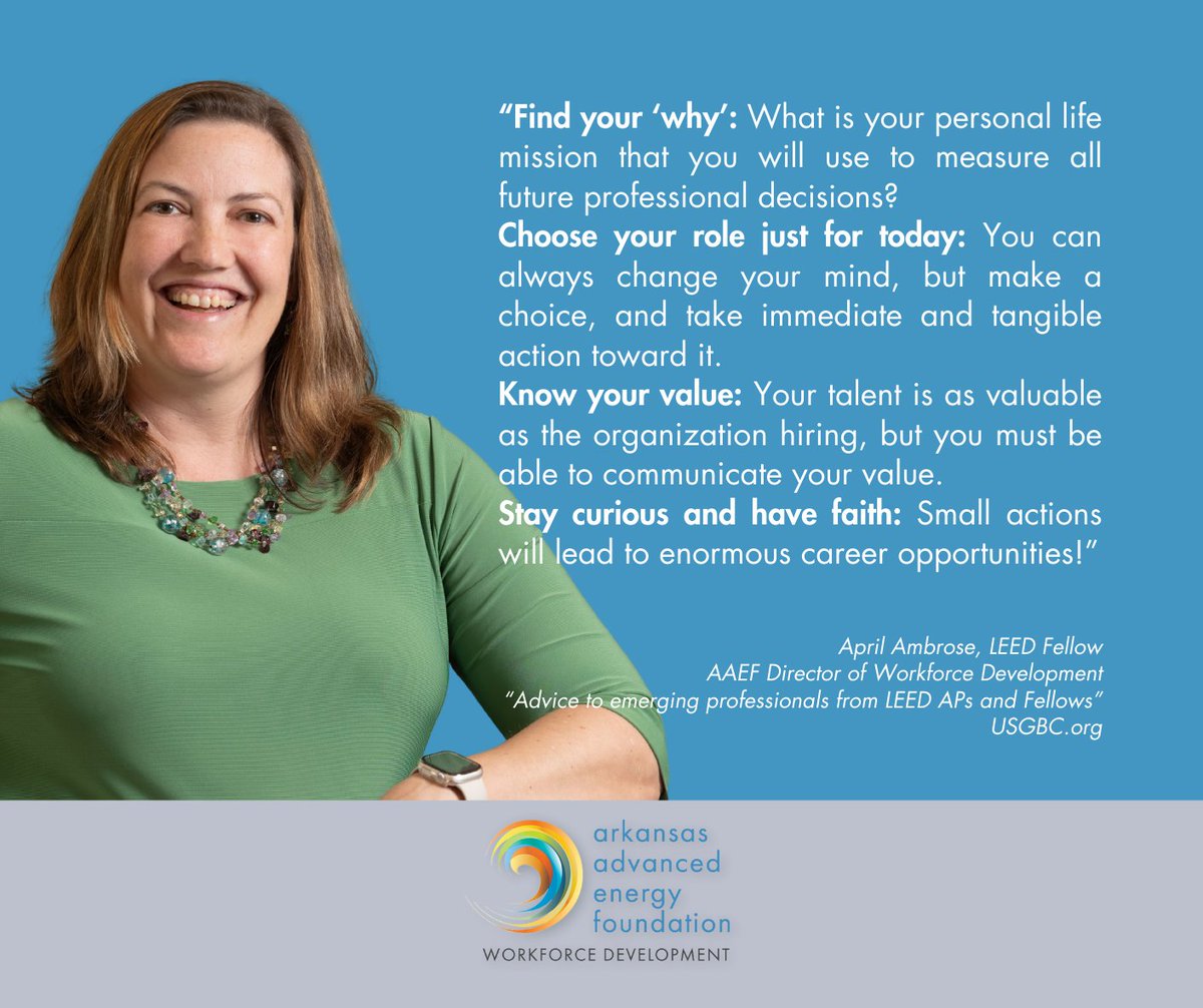ArkAdvEnergy's tweet image. Thinking about a career in sustainability or energy efficiency? In this @USGBC  article, our very own April Ambrose shares advice for emerging professionals navigating career growth, client relationships, and mindset shifts.
usgbc.org/articles/advic…