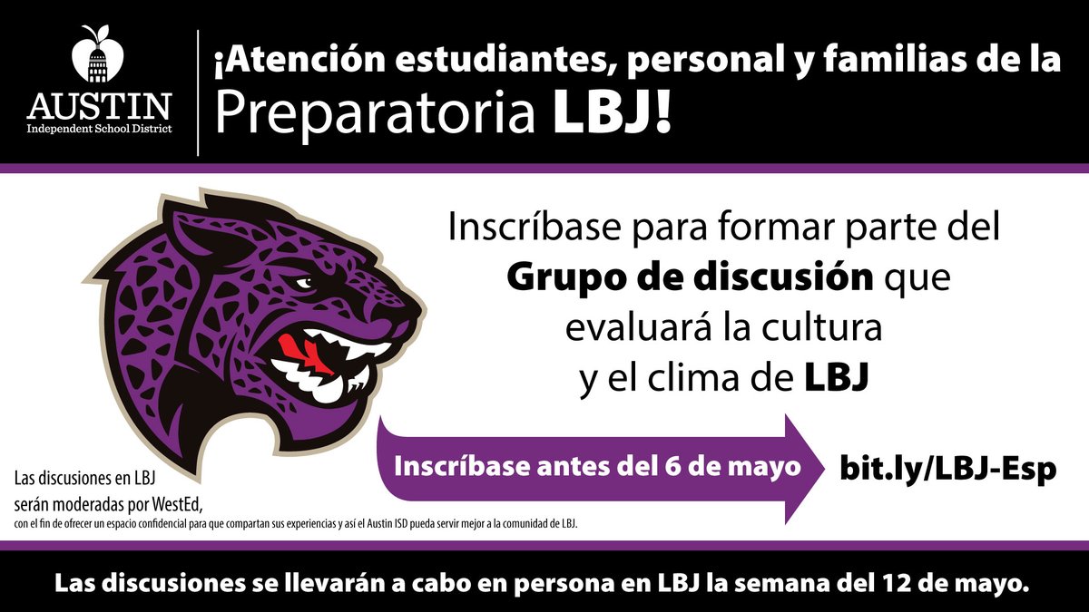 Lyndon B. Johnson Early College High School (@lbjechs1974) on Twitter photo ¡Nos encantaría tener su voz en el Grupo de Enfoque de Evaluación de Cultura y Clima de LBJ! Regístrese aquí: bit.ly/LBJ-ESP. Esté atento a su correo electrónico para obtener más detalles.
Póngase en contacto con Sundal Ali en sundal.ali@austinisd.org. ¡Nos encantaría tener su voz en el Grupo de Enfoque de Evaluación de Cultura y Clima de LBJ! Regístrese aquí: bit.ly/LBJ-ESP. Esté atento a su correo electrónico para obtener más detalles.
Póngase en contacto con Sundal Ali en sundal.ali@austinisd.org.