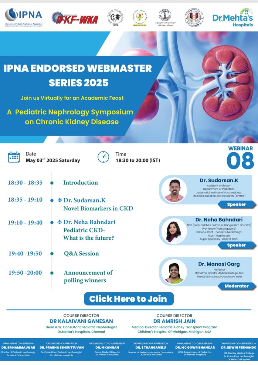 IPNA endorsed webinar 8,May 3rd ,18:30-20:00 IST. Final Webinar for this year on Pediatric CKD us06web.zoom.us/webinar/regist…
<a href="/IPNA_PedNeph/">IPNA Ped Nephrology</a> <a href="/Alanepe1/">Alanepe</a> <a href="/ESPNSociety/">ESPN</a> <a href="/ASPNeph/">American Society of Pediatric Nephrology</a> <a href="/ASNKidney/">American Society of Nephrology</a> <a href="/IspnSocial/">Indian Society of Pediatric Nephrology</a> <a href="/ISNkidneycare/">Int Society of Nephrology</a> <a href="/ASianPNA/">Asian Ped Neph Association</a> <a href="/ERAkidney/">ERA - European Renal Association</a> <a href="/womeninnephro/">Women In Nephrology</a> <a href="/NeonatalKidney/">Neonatal Kidney Collaborative (NKC)</a> <a href="/IptaPedsTx/">International Pediatric Transplant Association</a> <a href="/isn_india/">Indian Society of Nephrology</a>