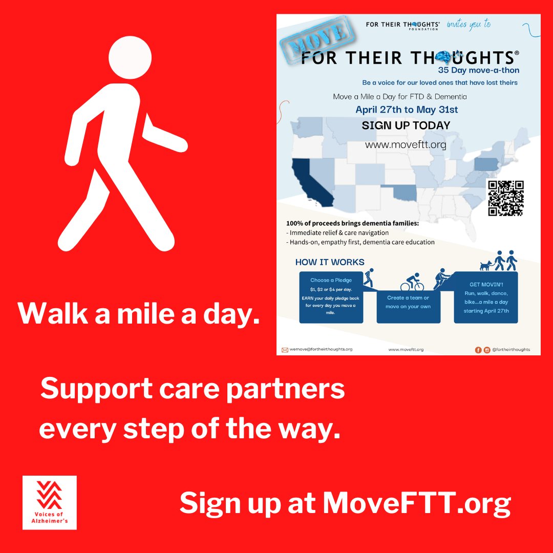 We’re excited to support the Move For Their Thoughts 35-Day Challenge—a nationwide movement raising funds and awareness for dementia care partners. Walk, bike, stretch, or dance, every mile makes a difference!
Join the challenge from April 27 to May 31 at MoveFTT.org!