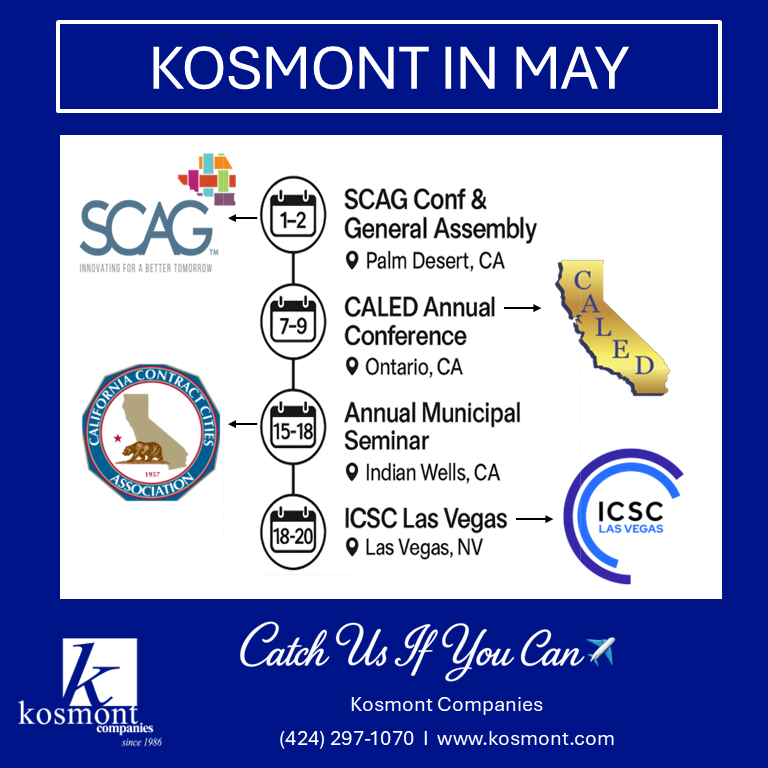 KosmontTweets's tweet photo. Catch us if you can! #Kosmont Companies is hitting the road this May, and we want to see you there.  From panels to podiums, here’s where you’ll find us:
• SCAG Conference & General Assembly | May 1–2 | Palm Desert 
• CALED Annual Conference | May 7–9 | Ontario 
• Annual Municipal Seminar | May 15–17 | Indian Wells 
• ICSC Las Vegas | May 18–20
See you soon!
