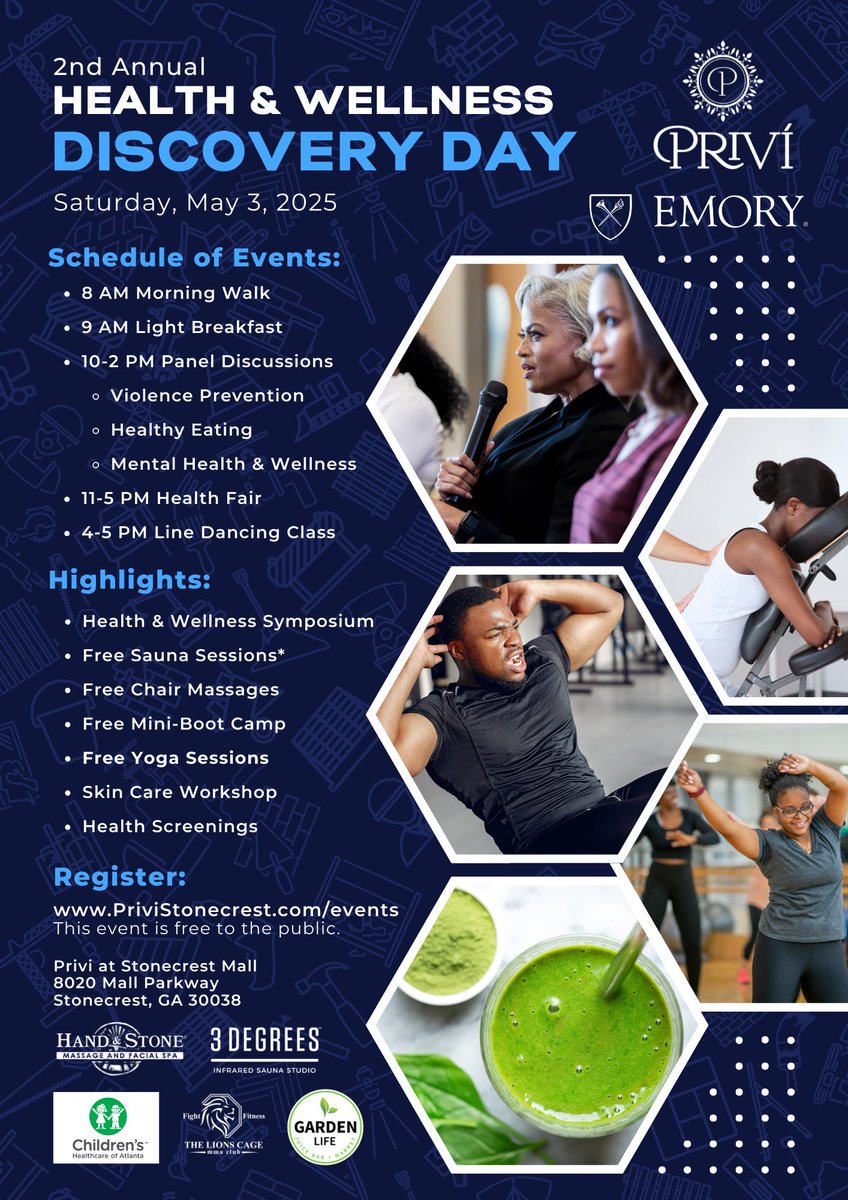 This Saturday, May 3: Join us for Health &amp; Wellness Discovery Day at Privi in Stonecrest!

10AM Violence Prevention panel w/ experts from Emory &amp; CHOA — safe storage, injury prevention, free gun locks.

Details: PriviStonecrest.com/events
#PublicHealth #WellnessDay #GunSafety