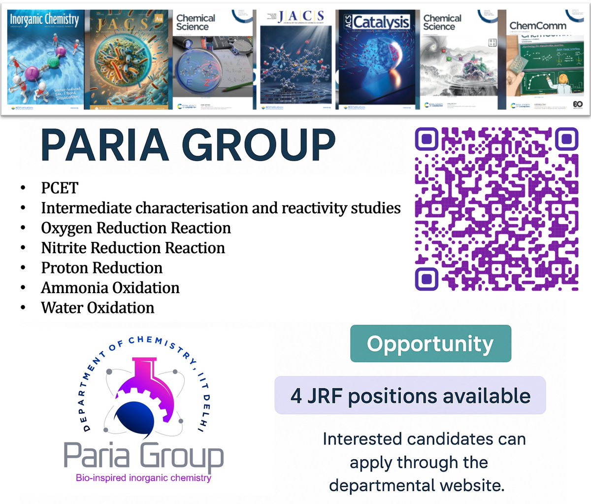 Paria Group (@pariagroup) on Twitter photo 🚨 We have 4 JRF positions available in our group!
Interested candidates may apply through the department website <a href="/Chemistry_iitd/">Chemistry_IIT Delhi</a> by 5th May 2025.
link: chemistry.iitd.ac.in/events/32
Reposts are appreciated.
#Chemistry #JRF #IITDelhi #PhDposition <a href="/Chemjobber/">Chemjobber</a> <a href="/iitdelhi/">IIT Delhi</a> 🚨 We have 4 JRF positions available in our group!
Interested candidates may apply through the department website <a href="/Chemistry_iitd/">Chemistry_IIT Delhi</a> by 5th May 2025.
link: chemistry.iitd.ac.in/events/32
Reposts are appreciated.
#Chemistry #JRF #IITDelhi #PhDposition <a href="/Chemjobber/">Chemjobber</a> <a href="/iitdelhi/">IIT Delhi</a>