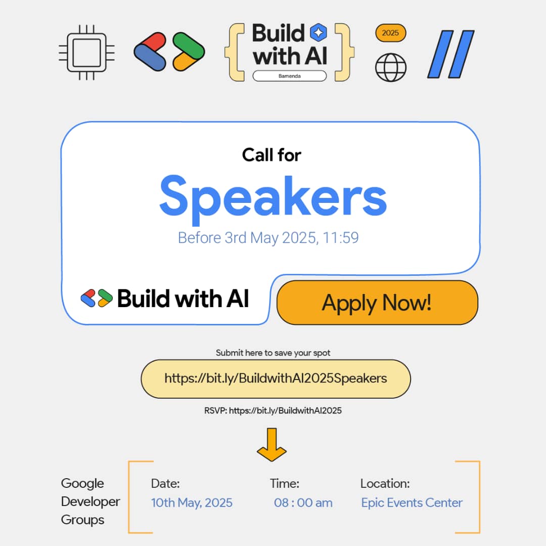 GDG Bamenda (@gdgbamenda) on Twitter photo Last Chance to Speak at #BuildWithAI2025
Tomorrow is the final day to apply as a speaker don’t miss your opportunity to inspire Bamenda’s tech community with your AI knowledge!    
Apply Now bit.ly/BuildwithAI202…
#BuildwithAI
#BuildwithAIGDGBamenda
#BuildwithAI2025 Last Chance to Speak at #BuildWithAI2025
Tomorrow is the final day to apply as a speaker don’t miss your opportunity to inspire Bamenda’s tech community with your AI knowledge!    
Apply Now bit.ly/BuildwithAI202…
#BuildwithAI
#BuildwithAIGDGBamenda
#BuildwithAI2025