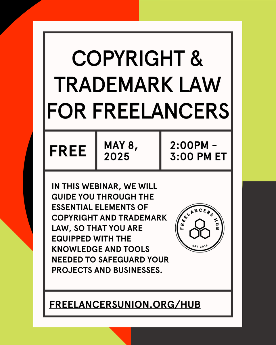 Protect your work and your brand. Join the <a href="/nyc_hub/">Freelancers Hub NYC</a> and <a href="/VLANY/">VLA New York</a> on May 8th for a legal session to learn the basics of copyright and trademark law—designed to help freelancers safeguard their creativity. RSVP: eventbrite.com/e/copyright-tr…