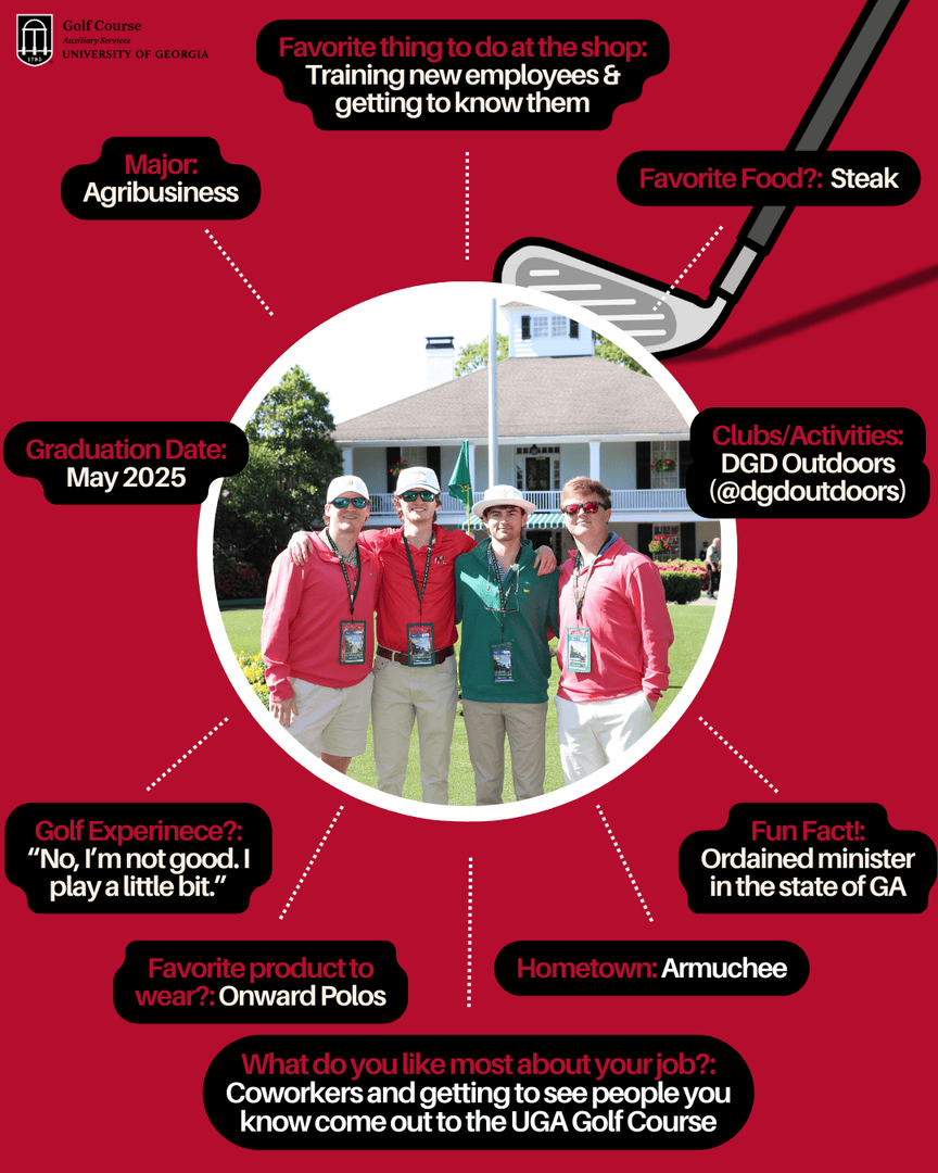 ⛳️ Meet the Student Team! ⛳️ 

Will Miller is a student manager at the UGA Golf Shop! Swipe to get to know him and what it’s like to be part of the team. Into sports, service, or scenery? We’ve got you covered.☀️ #UGAGolfCourse

🔗Apply now: golfcourse.uga.edu/student-employ…